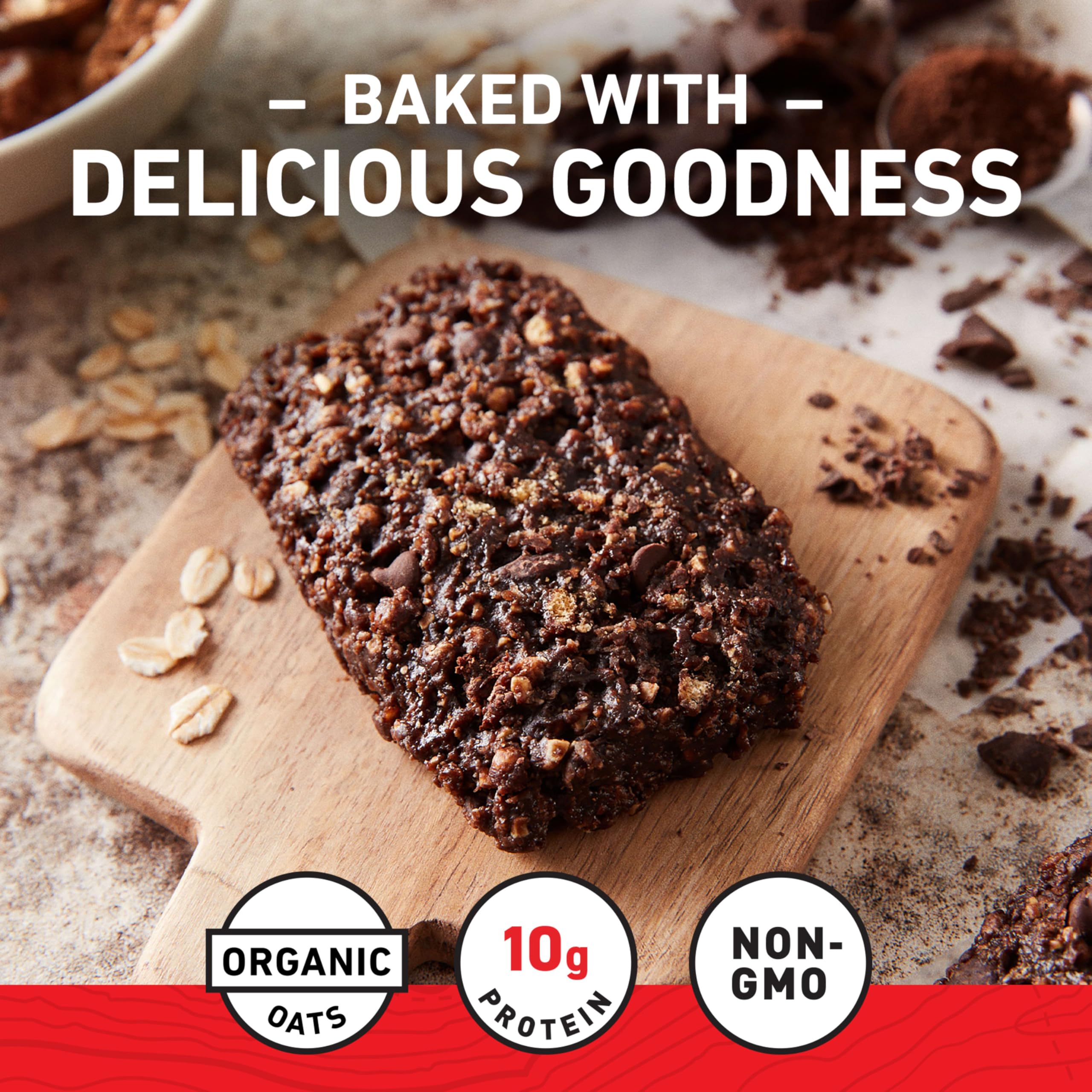 CLIF Bar Chocolate Brownie box on kitchen counter highlights organic oats.