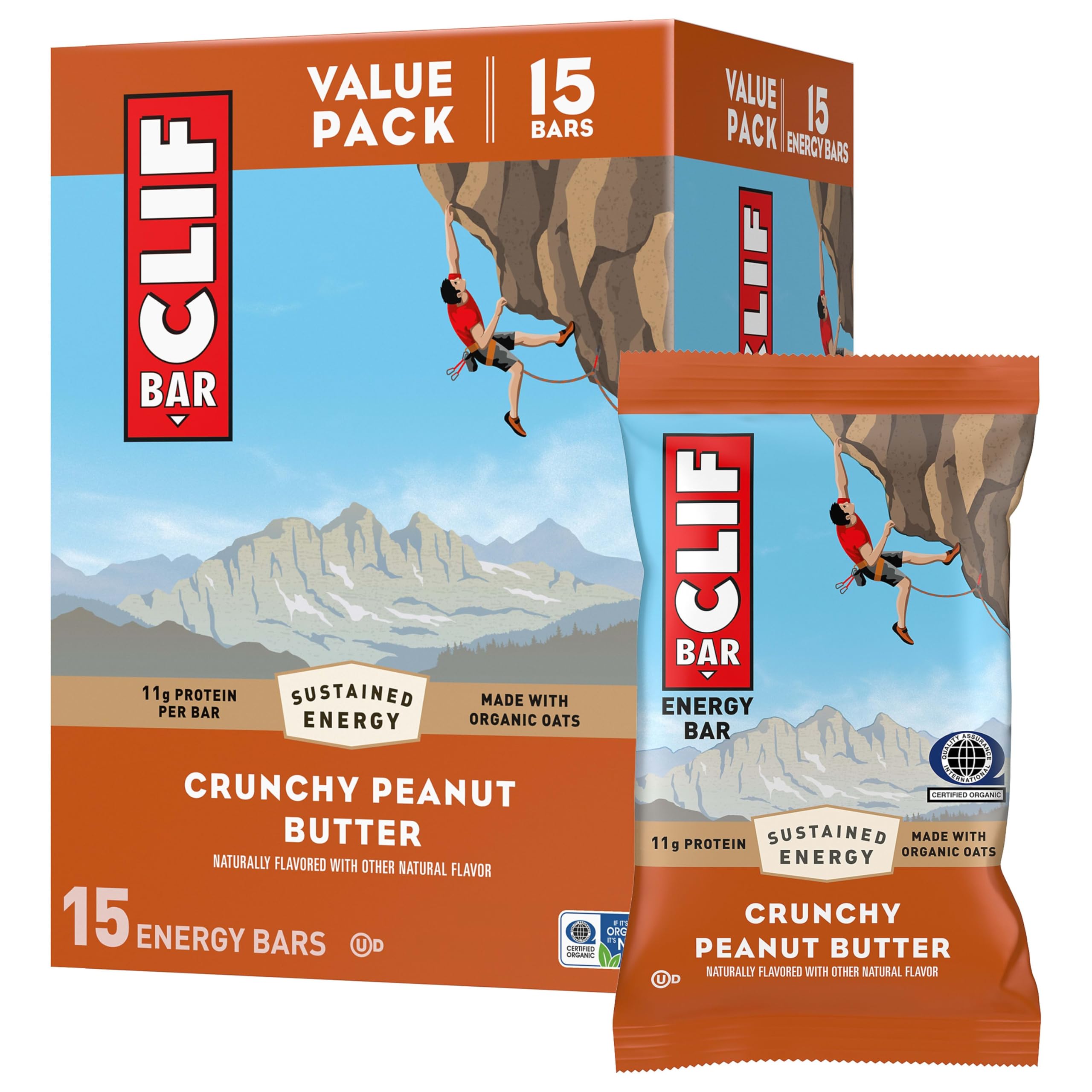 CLIF Bar Crunchy Peanut Butter 15-pack package showing portable energy for on the go.