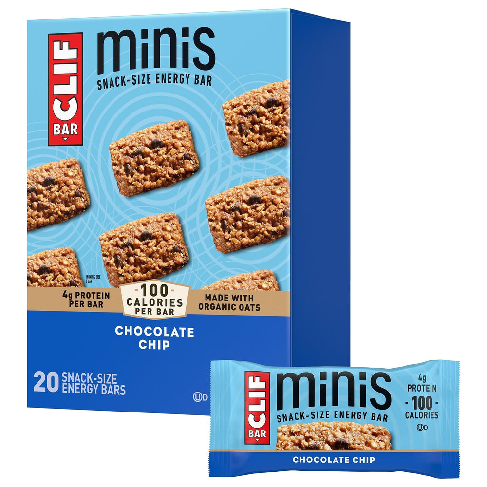 CLIF Bar Minis Chocolate Chip packaging shown, tasty on-the-go energy for active days.