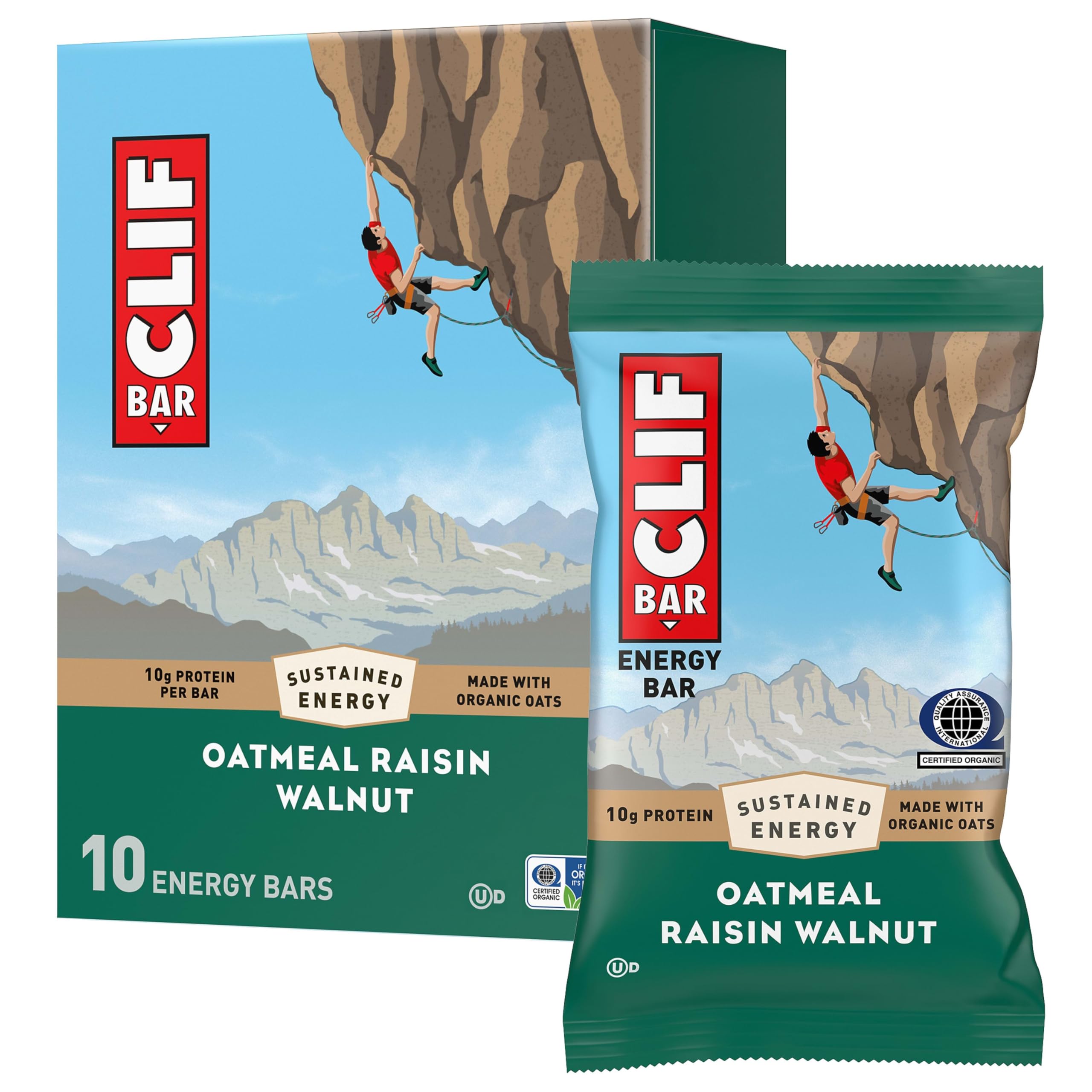 CLIF Bar oatmeal raisin walnut bar on-the-go energy with wholesome oats.