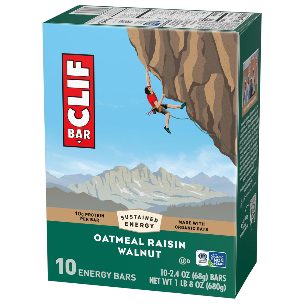CLIF Bar oatmeal raisin walnut macro shot with nuts and oats.