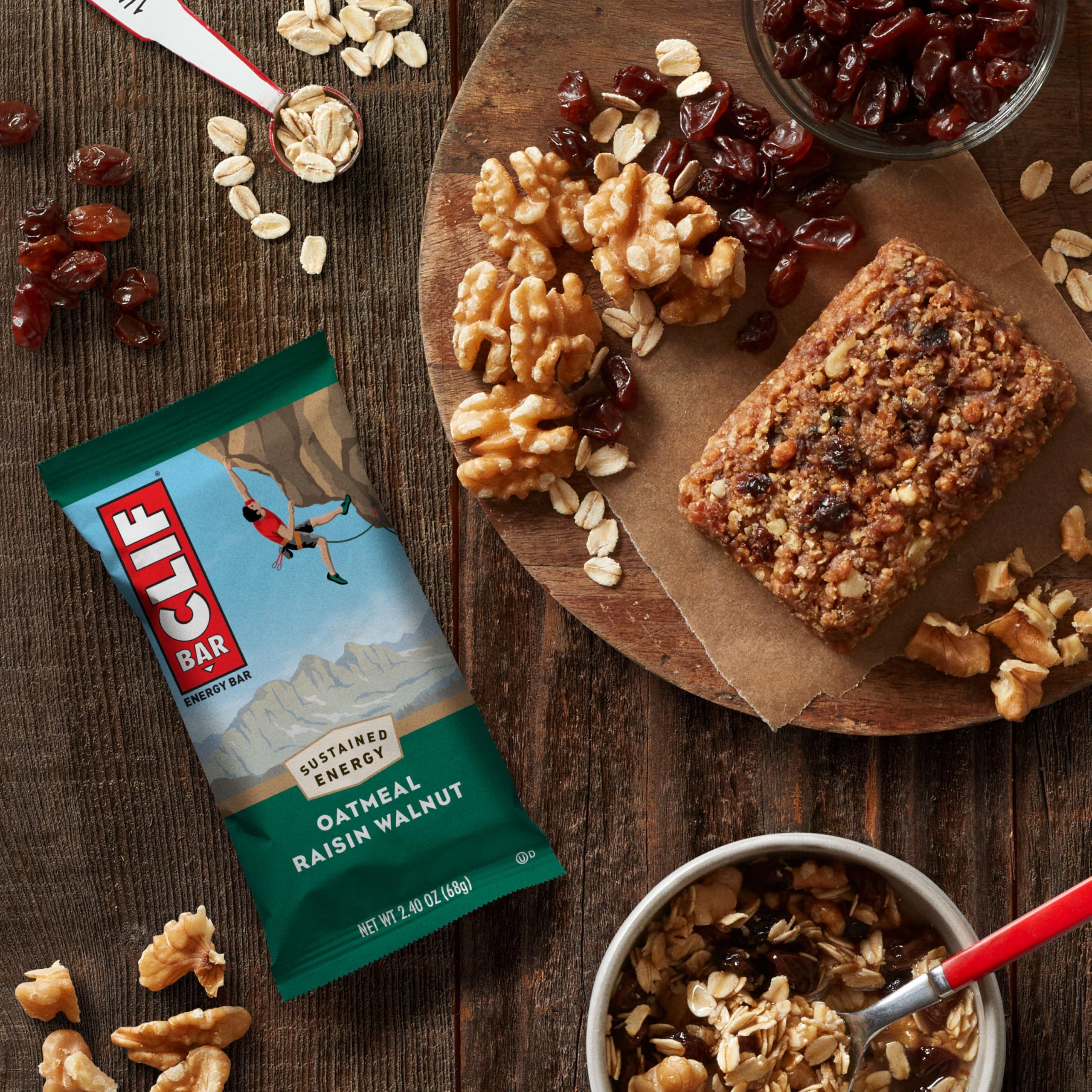 CLIF Bar oatmeal raisin walnut outdoors-ready snack on-the-go.