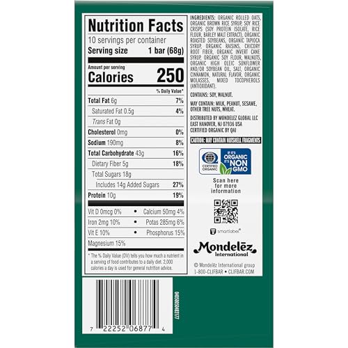 CLIF Bar oatmeal raisin walnut protein close-up highlights 10g protein.