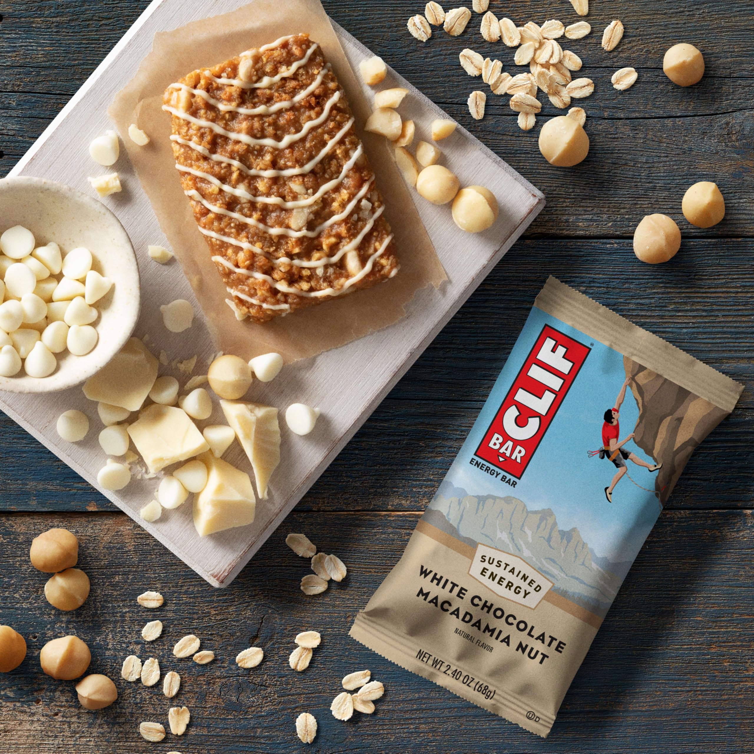 CLIF Bar White Chocolate Macadamia Nut bar close-up, showing oats and nuts