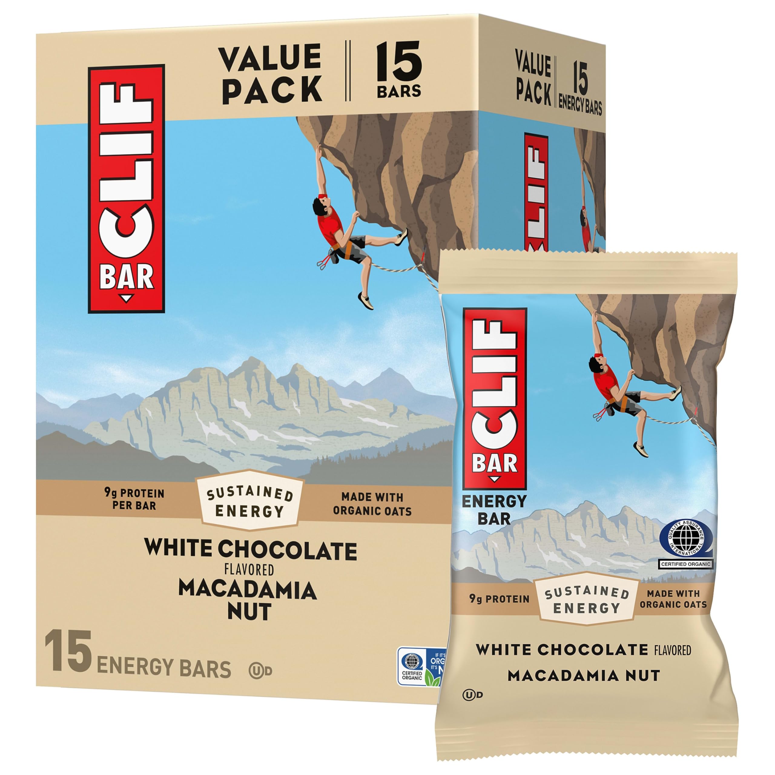 CLIF Bar White Chocolate Macadamia Nut bar front view, ideal for hiking energy