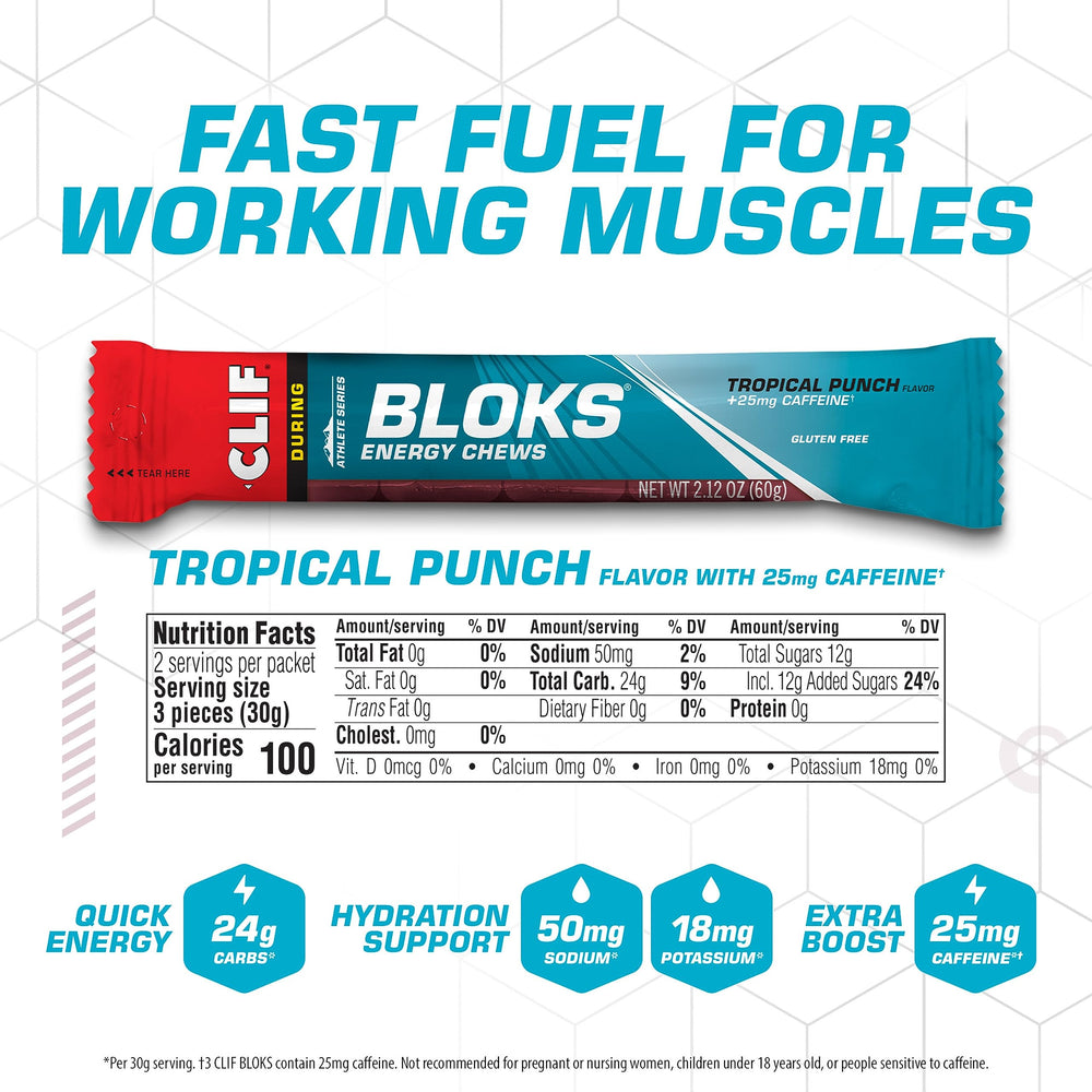 Close-up of CLIF BLOKS Tropical Punch caffeine cubes showing soft texture