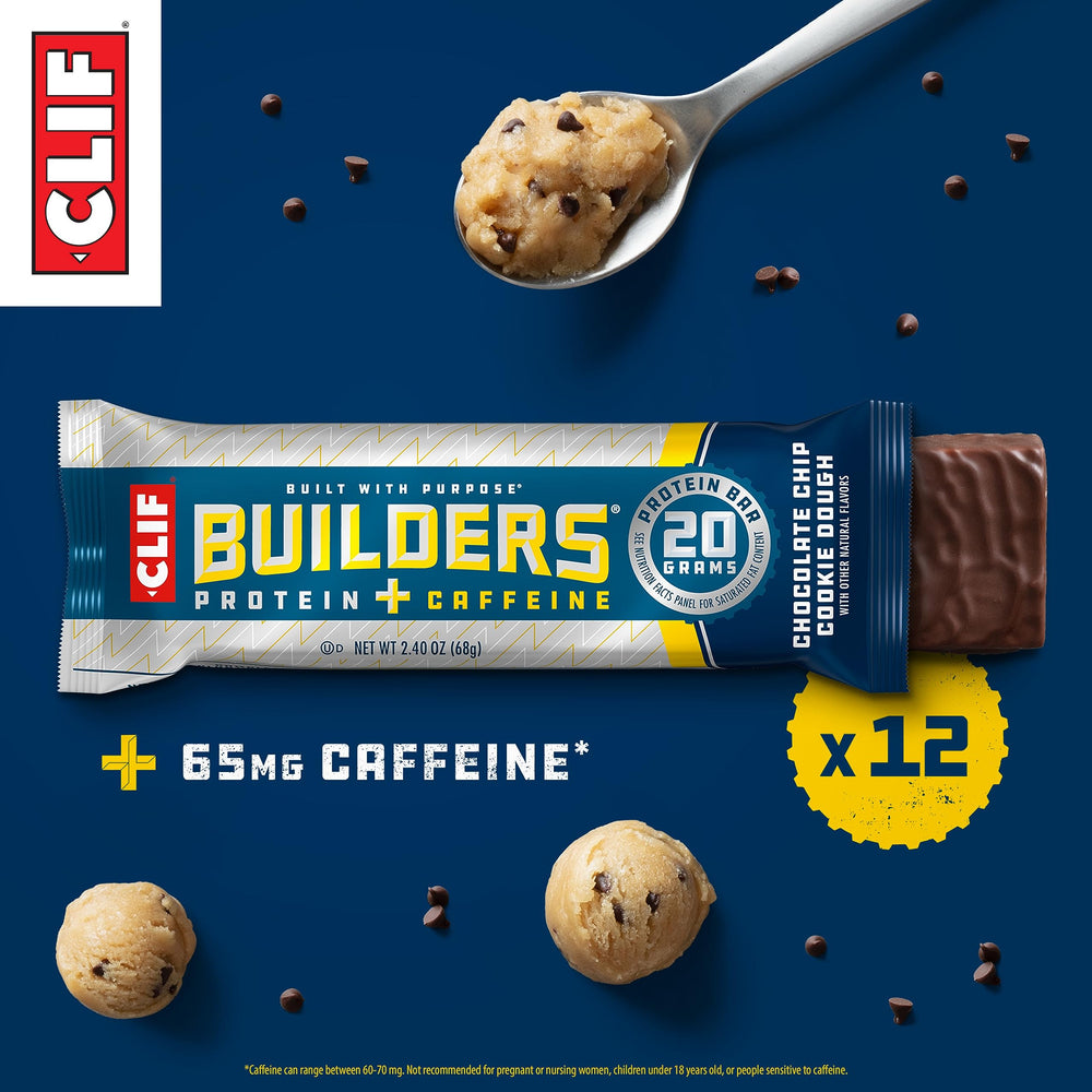 Cross-section of CLIF BUILDERS + CAFFEINE bar shows cookie dough inside chocolate coating.