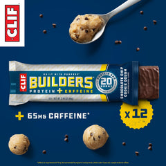 Cross-section of CLIF BUILDERS + CAFFEINE bar shows cookie dough inside chocolate coating.
