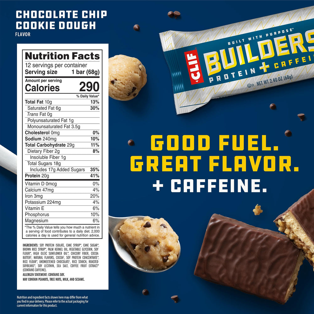 CLIF BUILDERS bar nutrition label highlights 20g protein and gluten-free ingredients for athletes.