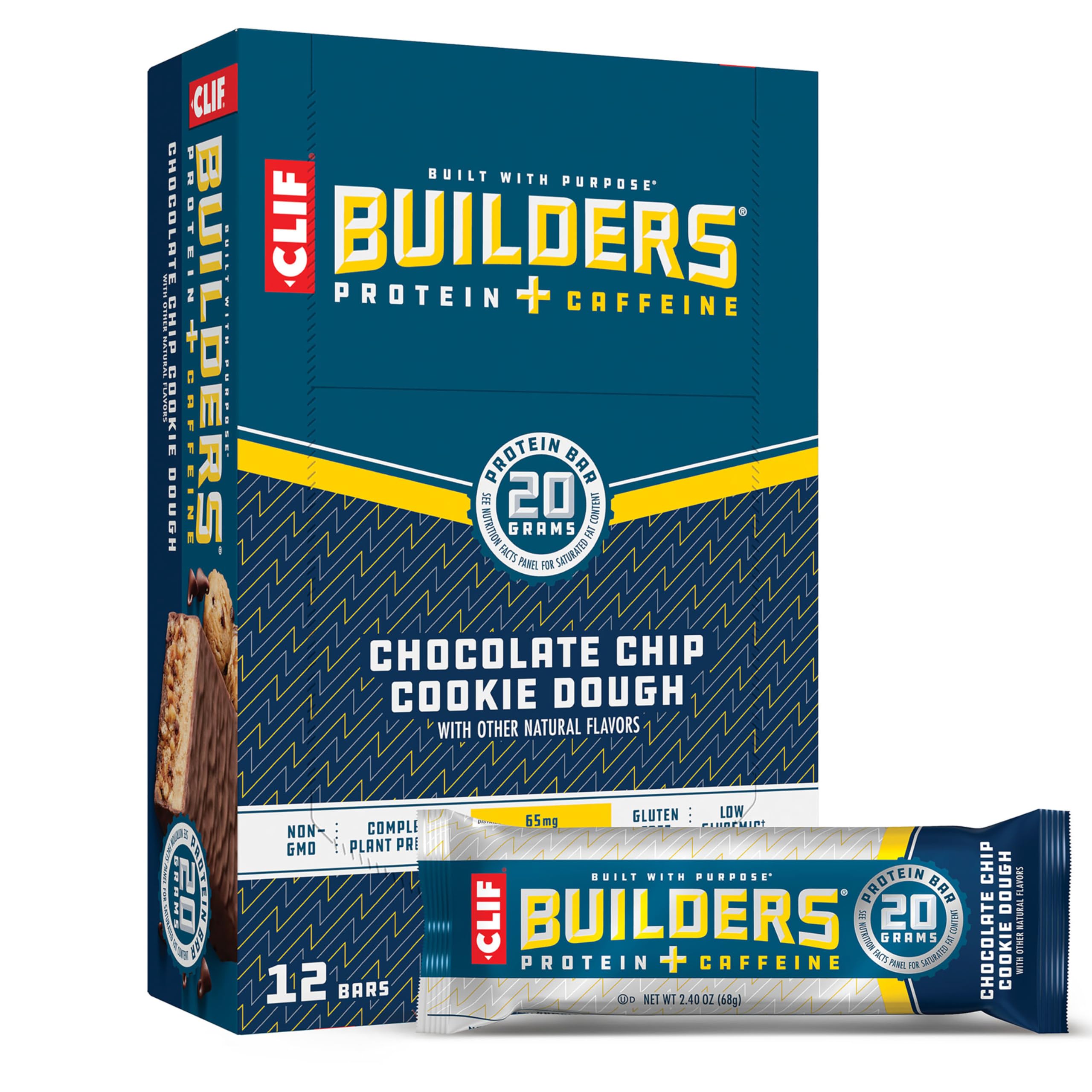 CLIF BUILDERS + CAFFEINE bar wrapped for on-the-go energy in chocolate chip cookie dough flavor.