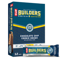CLIF BUILDERS + CAFFEINE bar wrapped for on-the-go energy in chocolate chip cookie dough flavor.