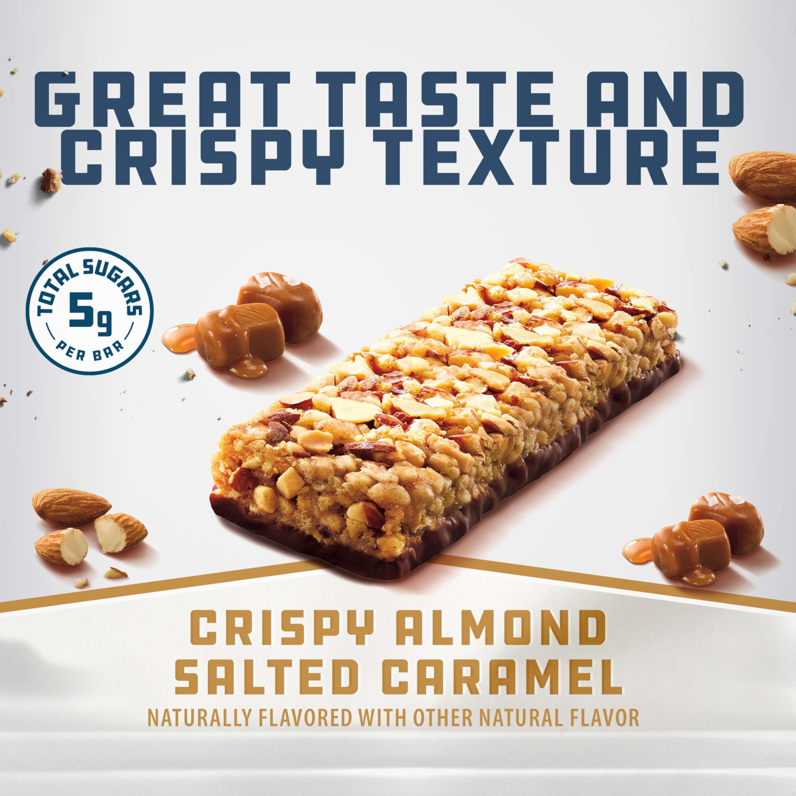 CLIF BUILDER'S Crispy Almond Salted Caramel bar cross-section reveals caramel and crisp texture.