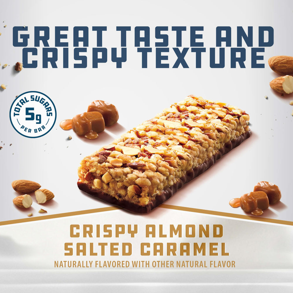 CLIF BUILDER'S Crispy Almond Salted Caramel bar cross-section reveals caramel and crisp texture.