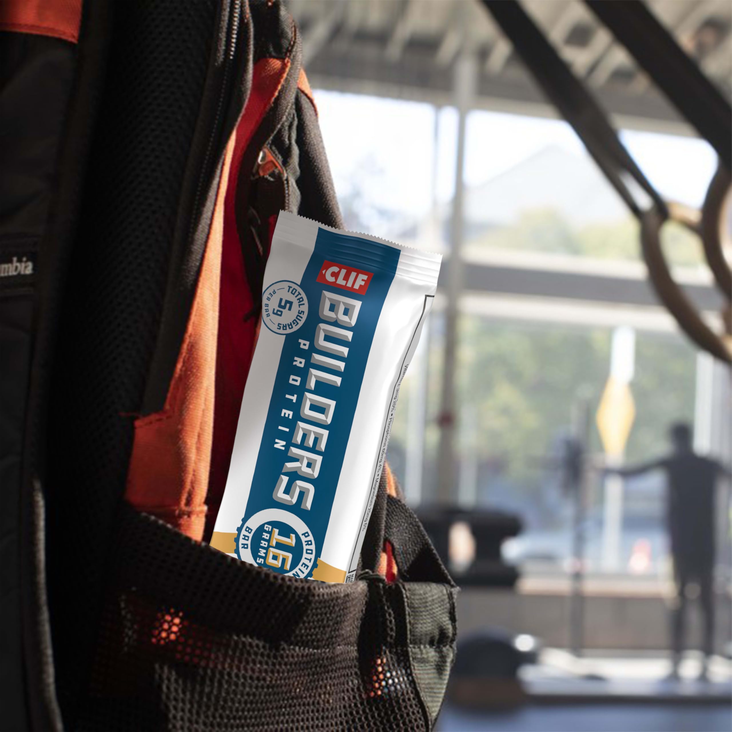 CLIF BUILDER'S Crispy Almond Salted Caramel bar with almond pieces textured bite.