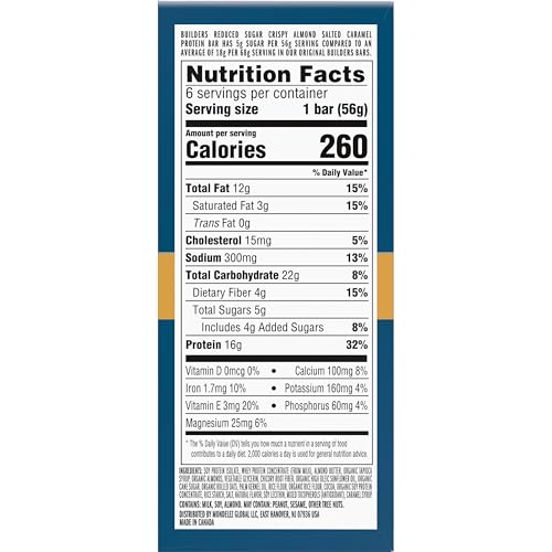 CLIF BUILDER'S Crispy Almond Salted Caramel bar nutrition panel shows 16g protein.
