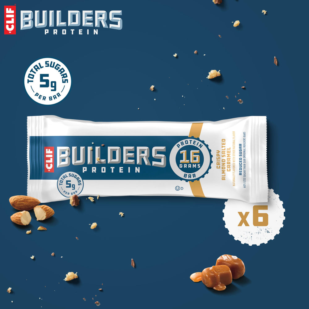 CLIF BUILDER'S Crispy Almond Salted Caramel bar gluten-free badge visible.