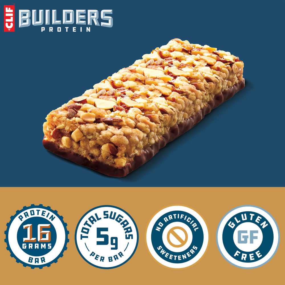 CLIF BUILDER'S Crispy Almond Salted Caramel bar in a tote, ideal snack between workouts.