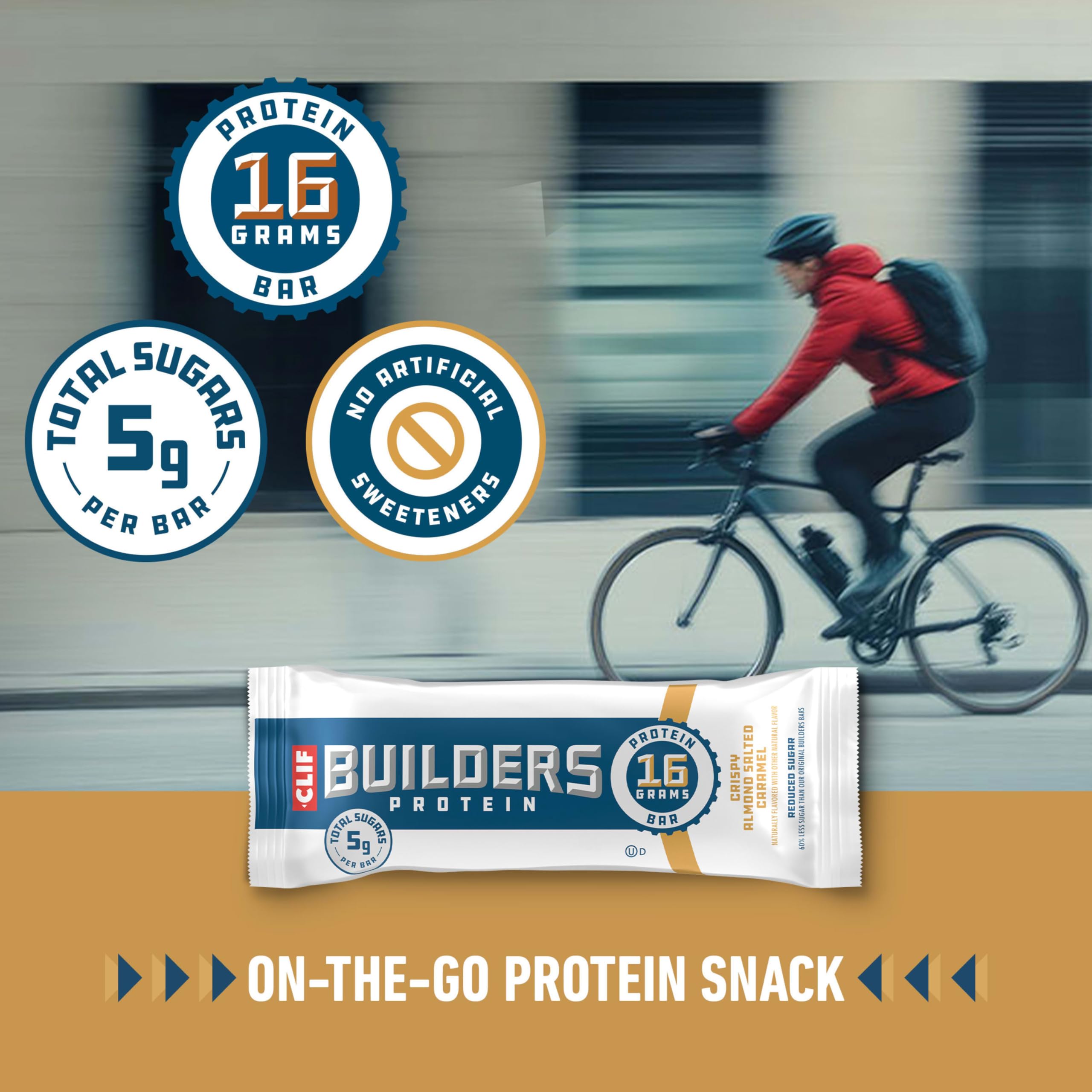 CLIF BUILDER'S Crispy Almond Salted Caramel bar packaging underscores reduced sugar.