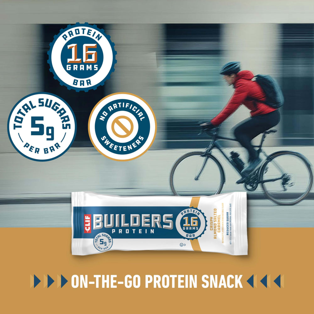 CLIF BUILDER'S Crispy Almond Salted Caramel bar packaging underscores reduced sugar.