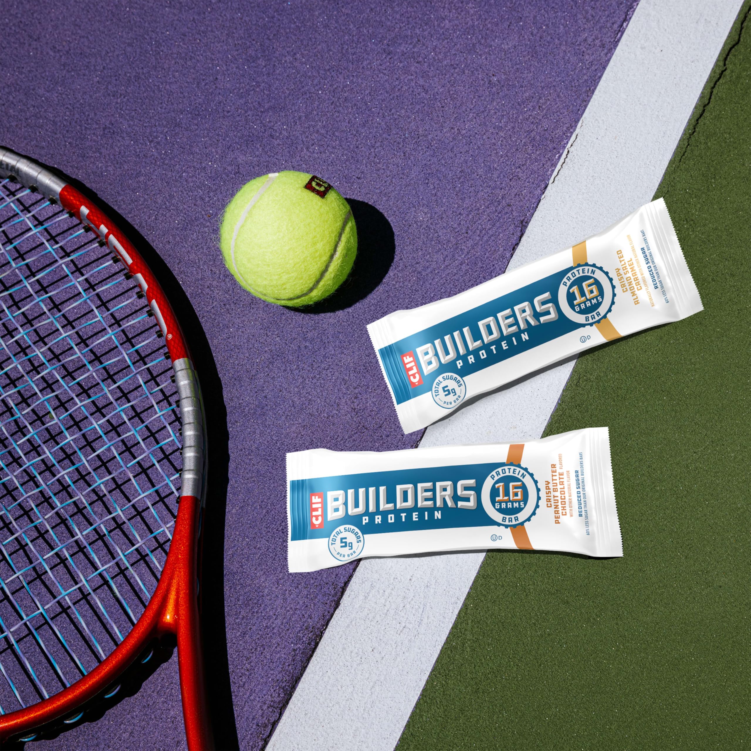 CLIF BUILDER'S Crispy Almond Salted Caramel bar no artificial sweeteners claim on label.