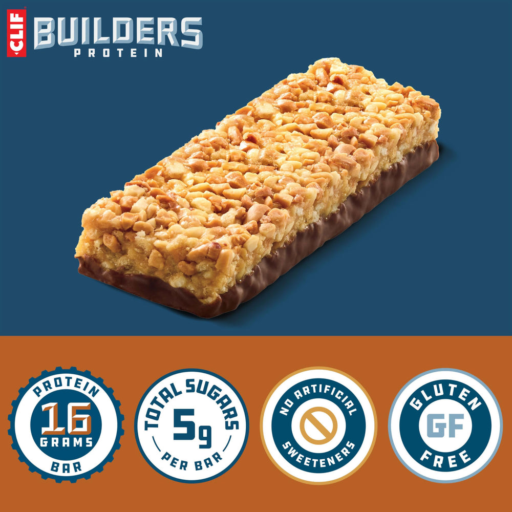 Breaking open CLIF BUILDERS bar reveals crispy interior.