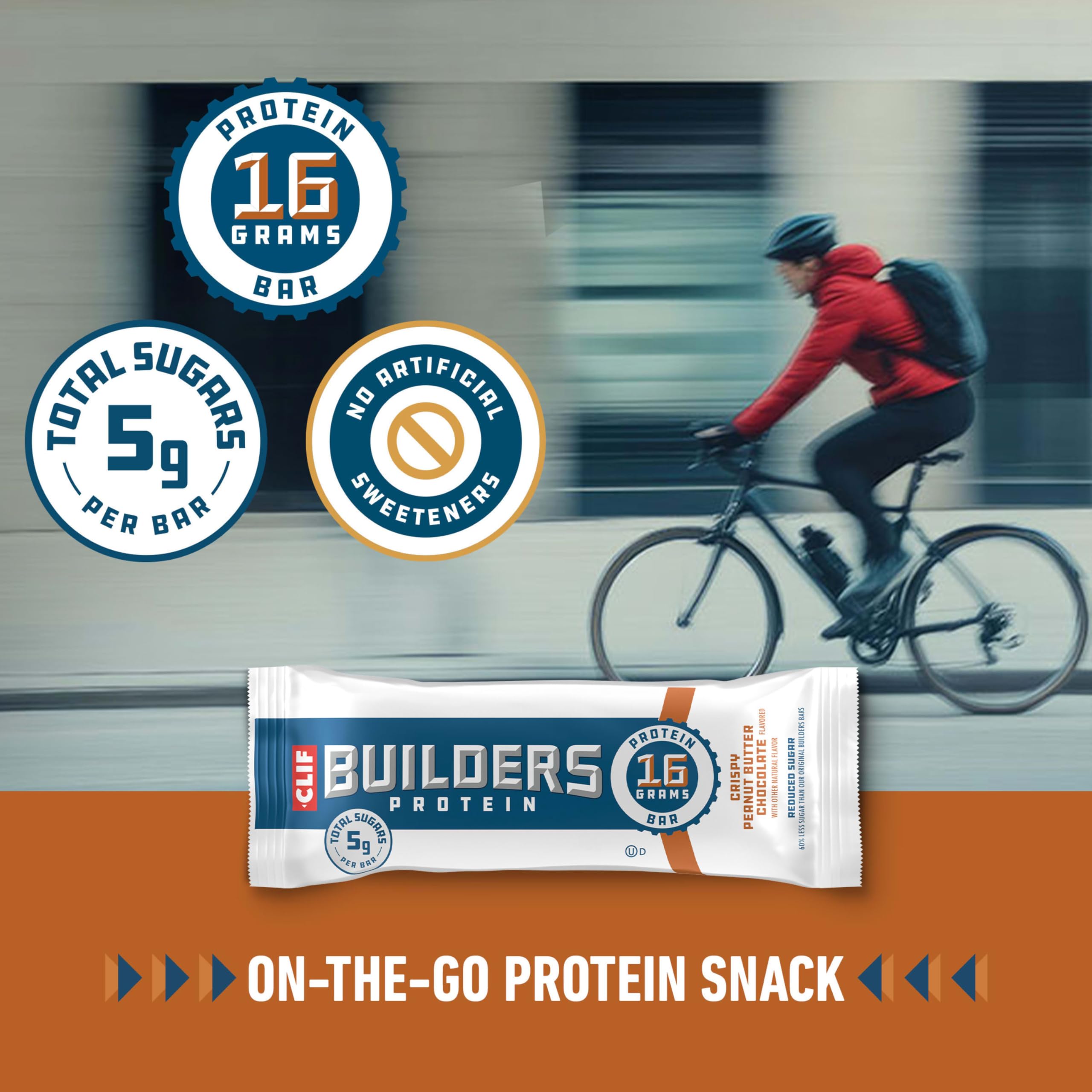 Close-up texture of CLIF BUILDERS Crispy Peanut Butter Chocolate bar.
