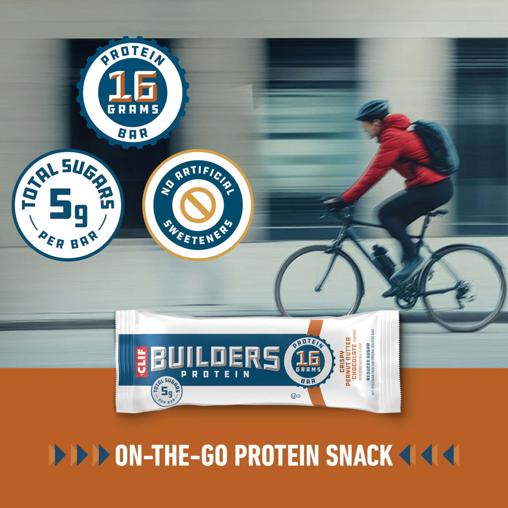 Close-up texture of CLIF BUILDERS Crispy Peanut Butter Chocolate bar.