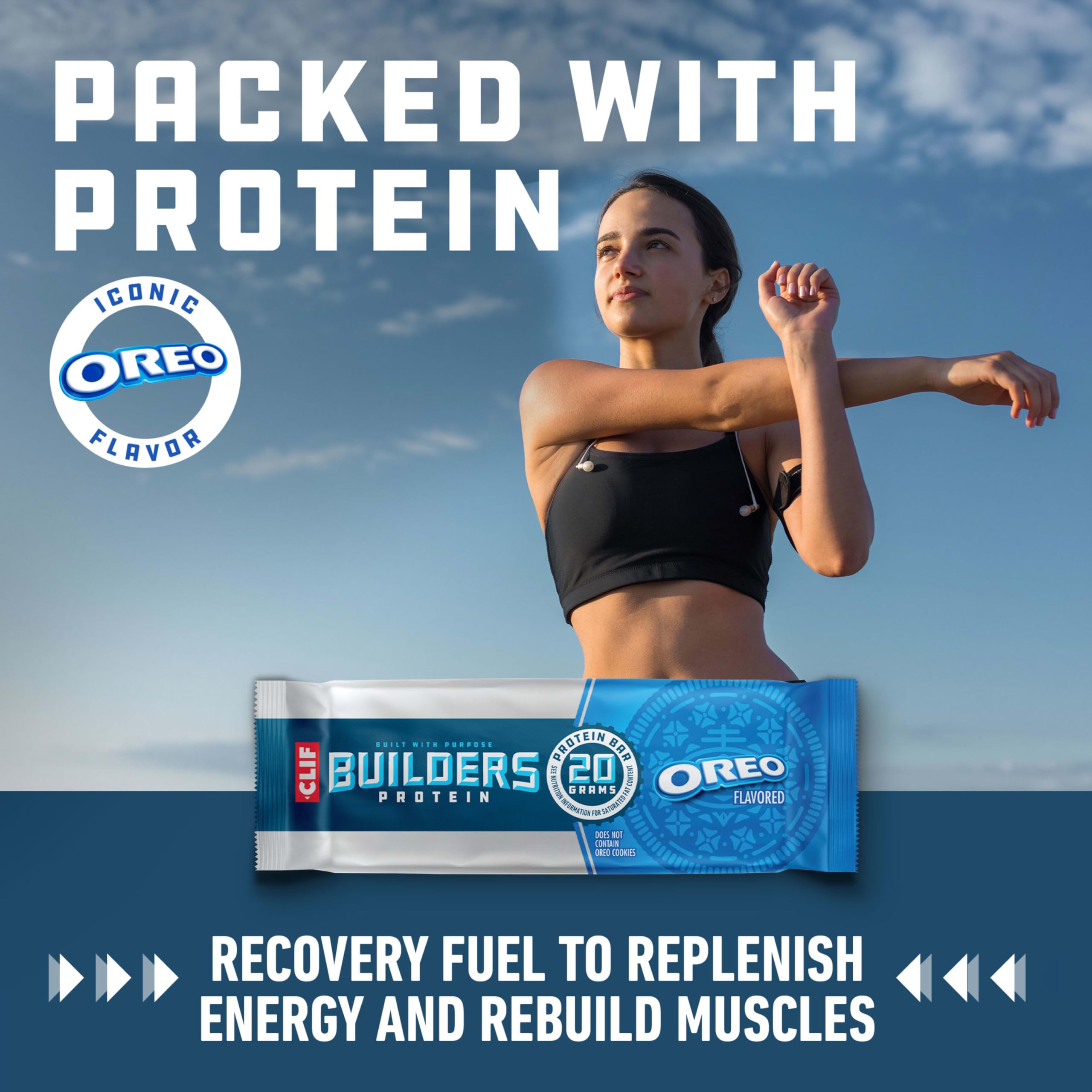 CLIF BUILDERS OREO Bars displayed to emphasize low glycemic attributes.