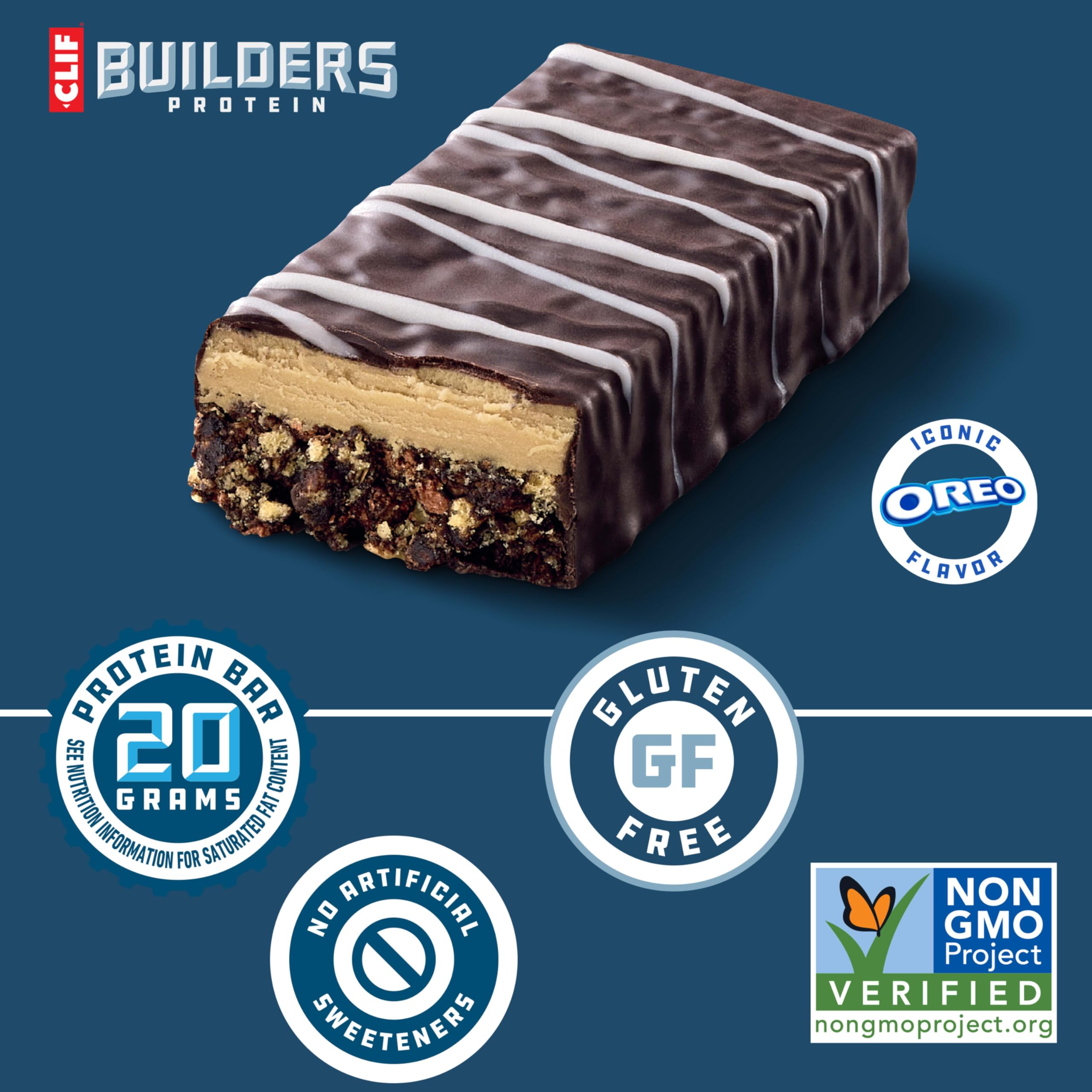 CLIF BUILDERS OREO Bars text indicates Non-GMO and gluten-free attributes.