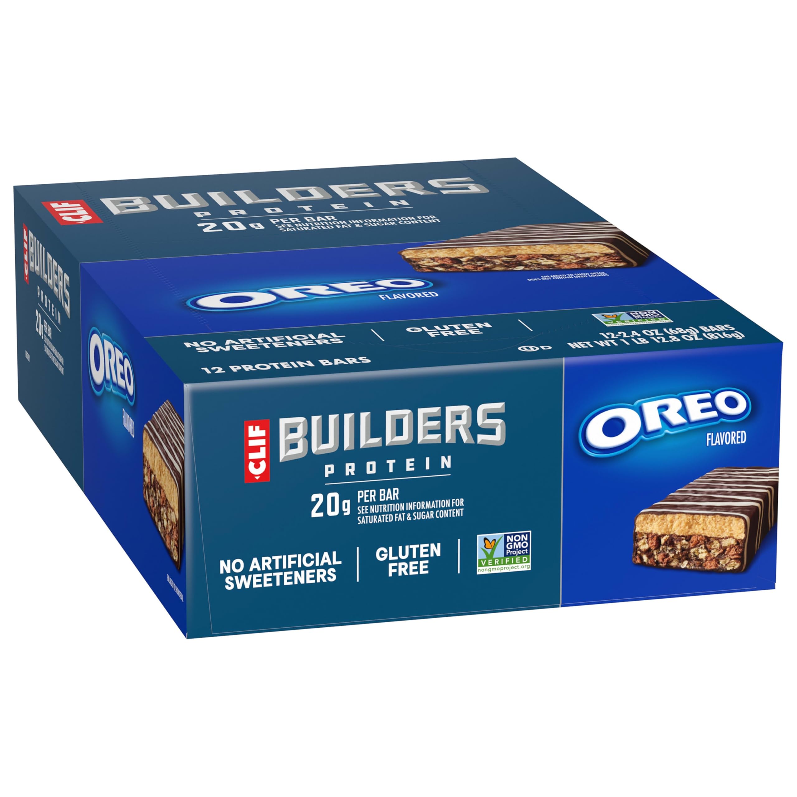 CLIF BUILDERS OREO Bars nutrition label focusing on protein and gluten-free info.