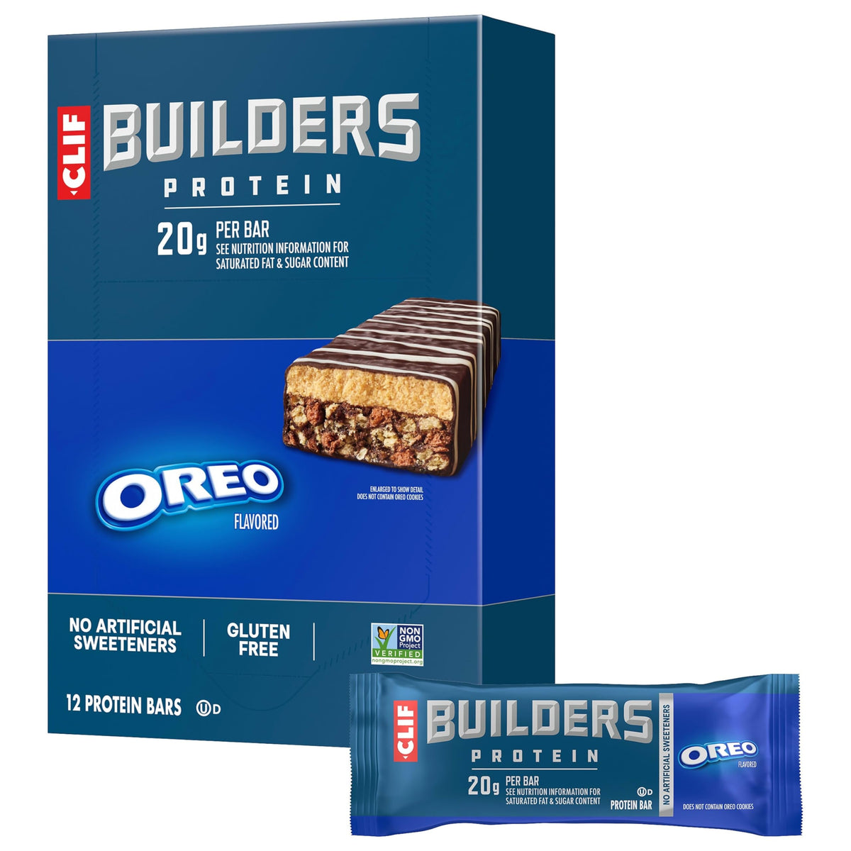 CLIF BUILDERS OREO Bars packaging shown for on-the-go protein fueling after workouts.
