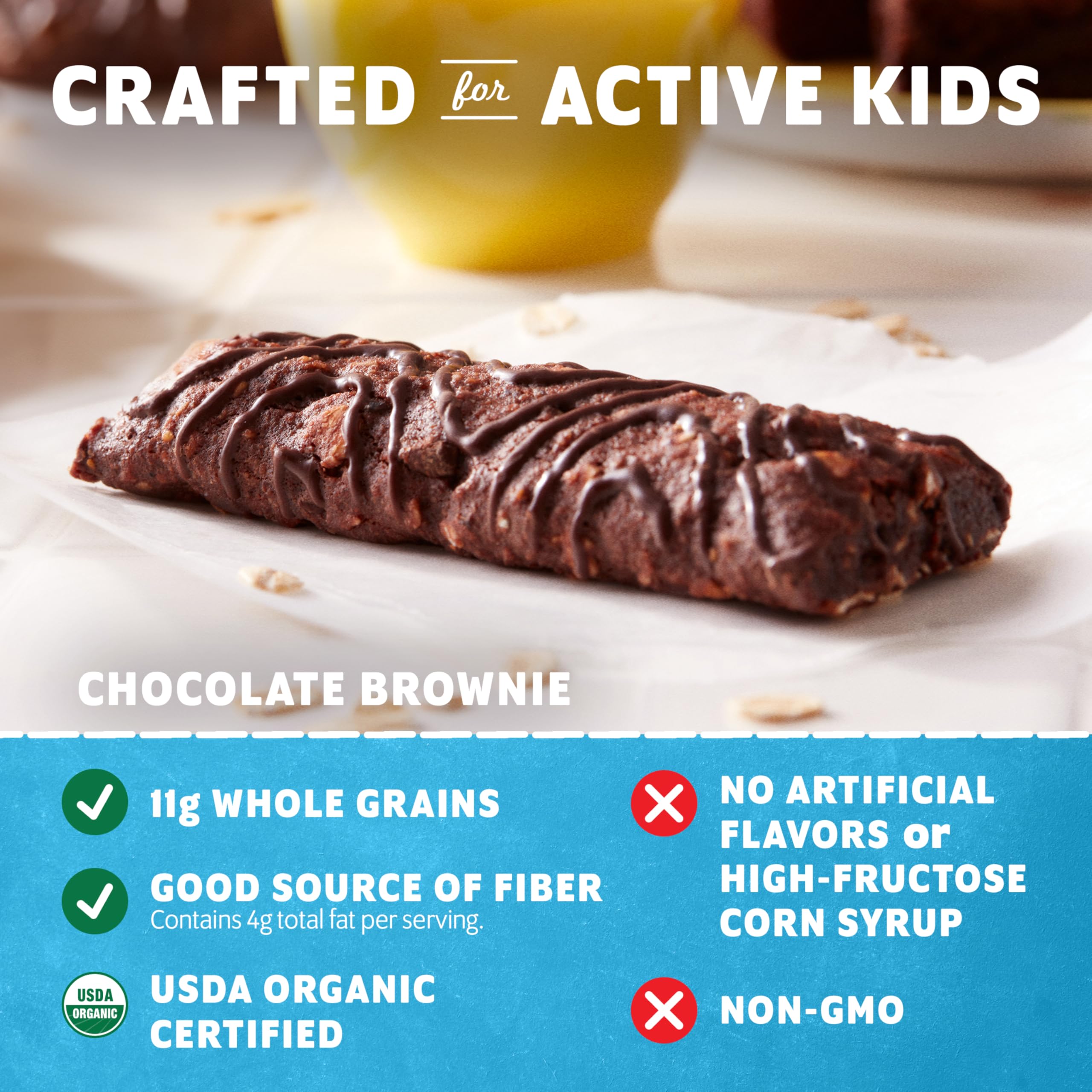 Clif Kid ZBar Chocolate Brownie nutrition facts sheet highlights 11g whole grains per bar.