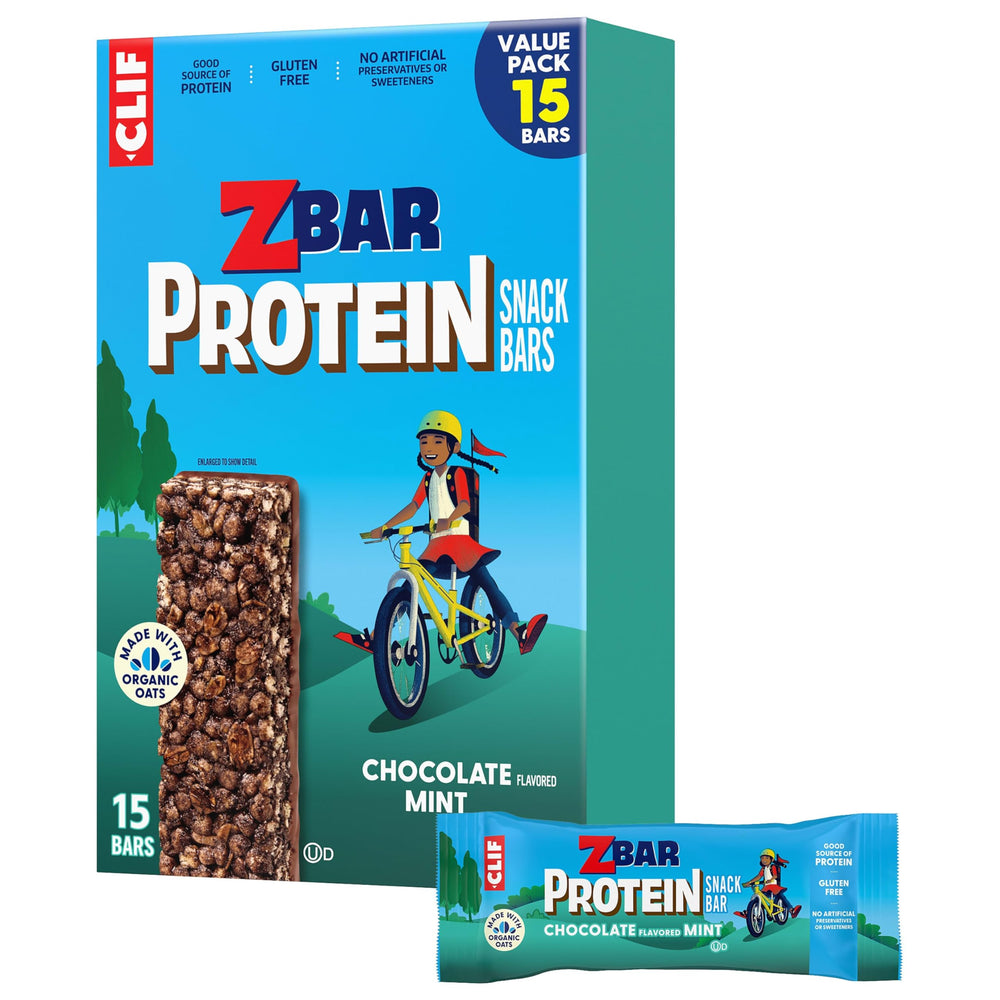 Clif Kid ZBar Protein Chocolate Mint bars in a box for lunchbox energy.