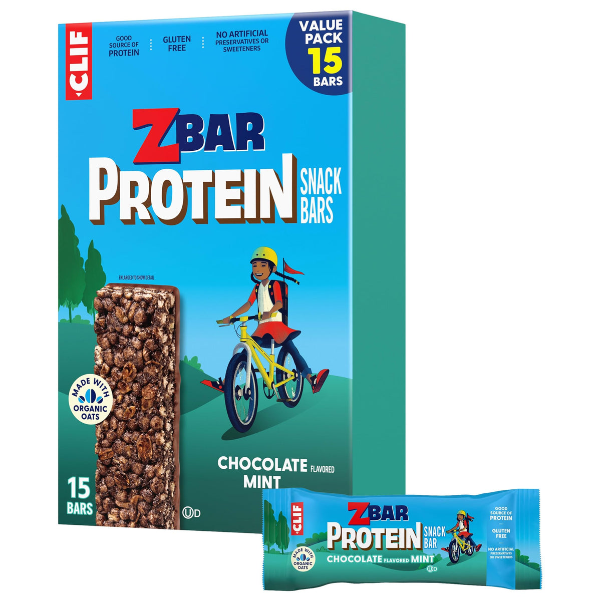 Clif Kid ZBar Protein Chocolate Mint bars in a box for lunchbox energy.
