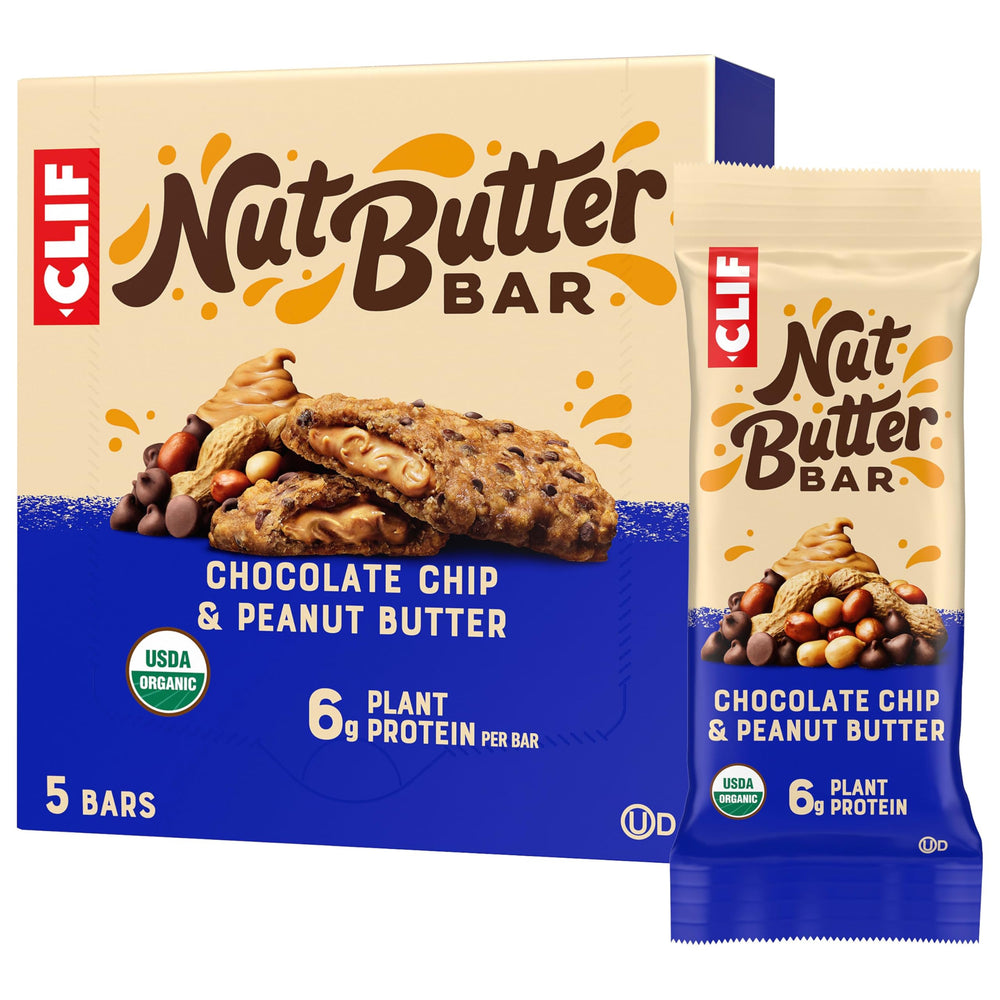 CLIF Nut Butter Bar closeup reveals creamy peanut butter and chocolate chips for a satisfying snack.