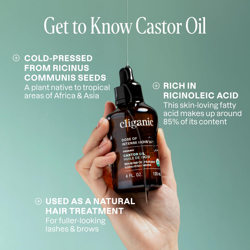 Cliganic castor oil dual-sided applicator enables precise lash application.