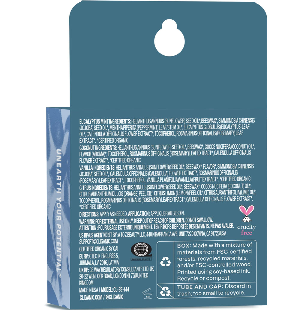 Cliganic Lip Balm – Cruelty-free, Made in USA claim on packaging.