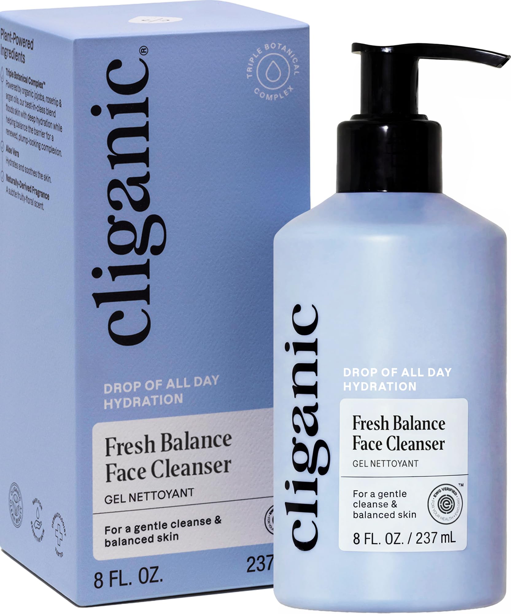 Cliganic Hydrating Facial Gel Cleanser label highlights Triple Botanical Complex and vegan formula