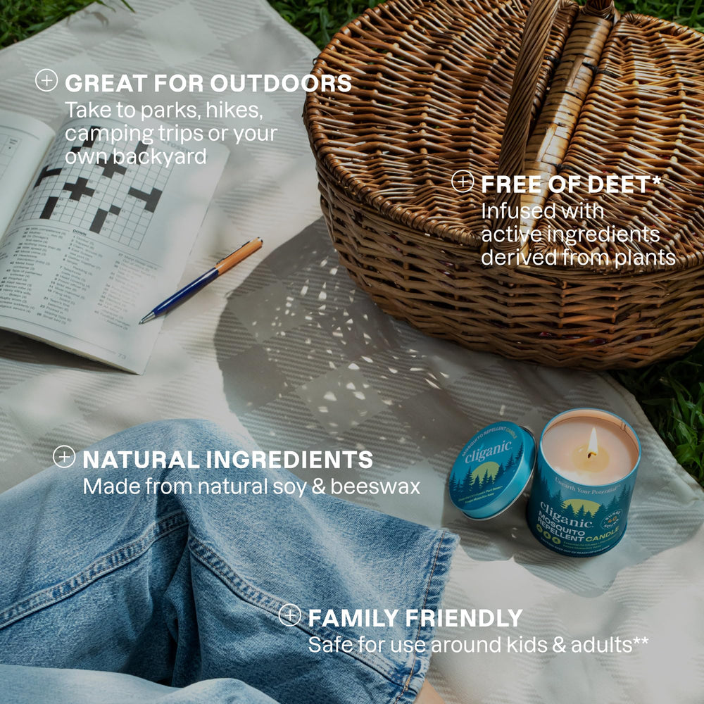 Cliganic Mosquito Repellent Candle glowing on dusk porch for family time.