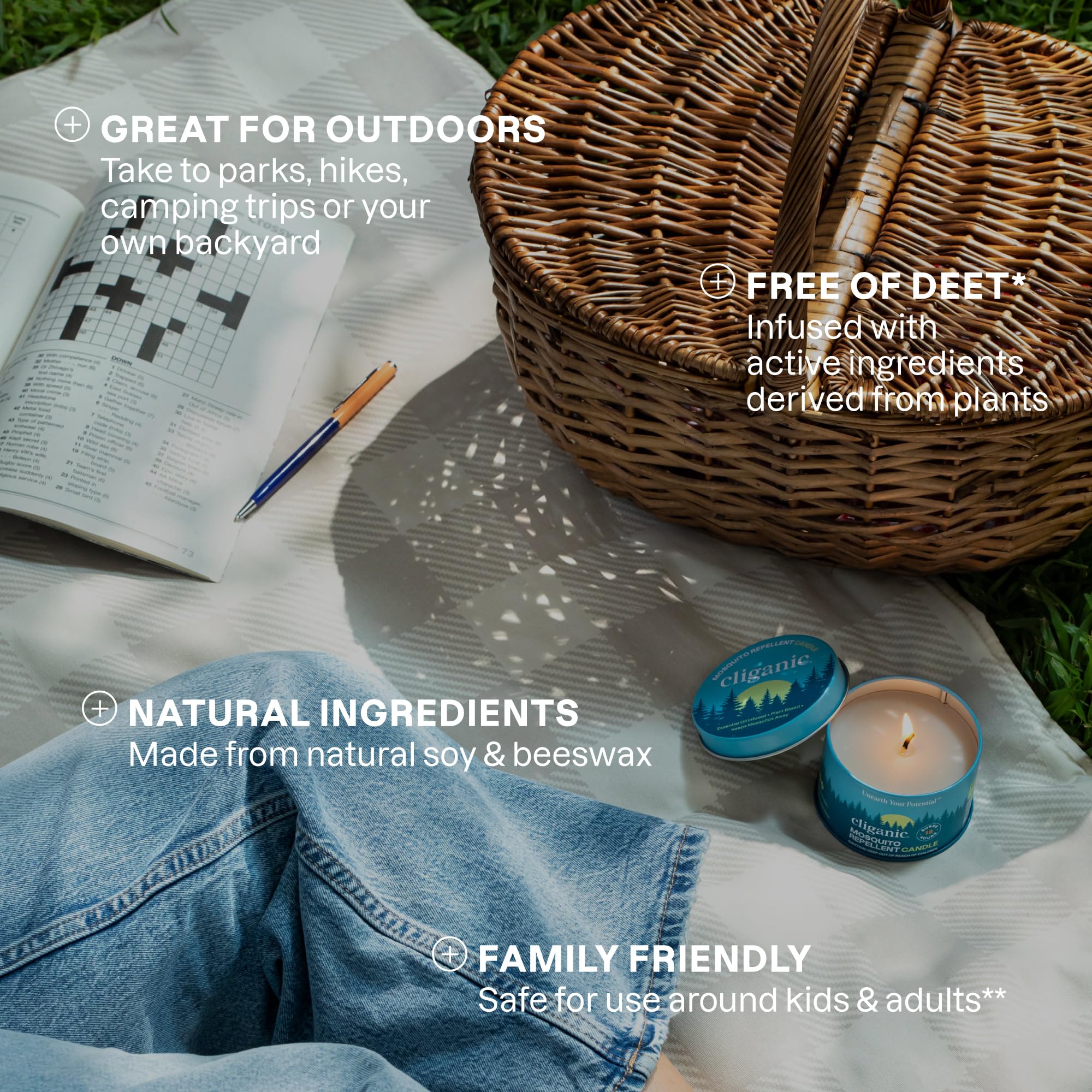 Cliganic DEET-free candle suitable for family gatherings outdoors.