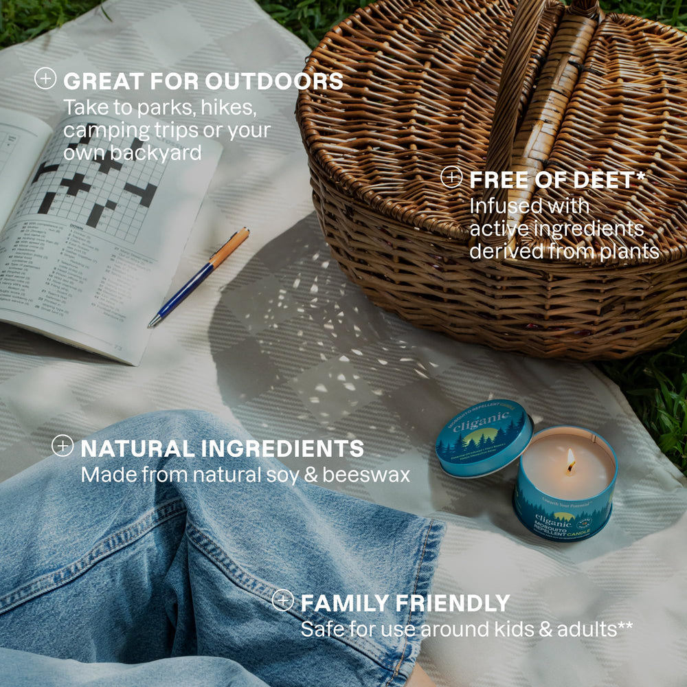 Cliganic DEET-free candle suitable for family gatherings outdoors.