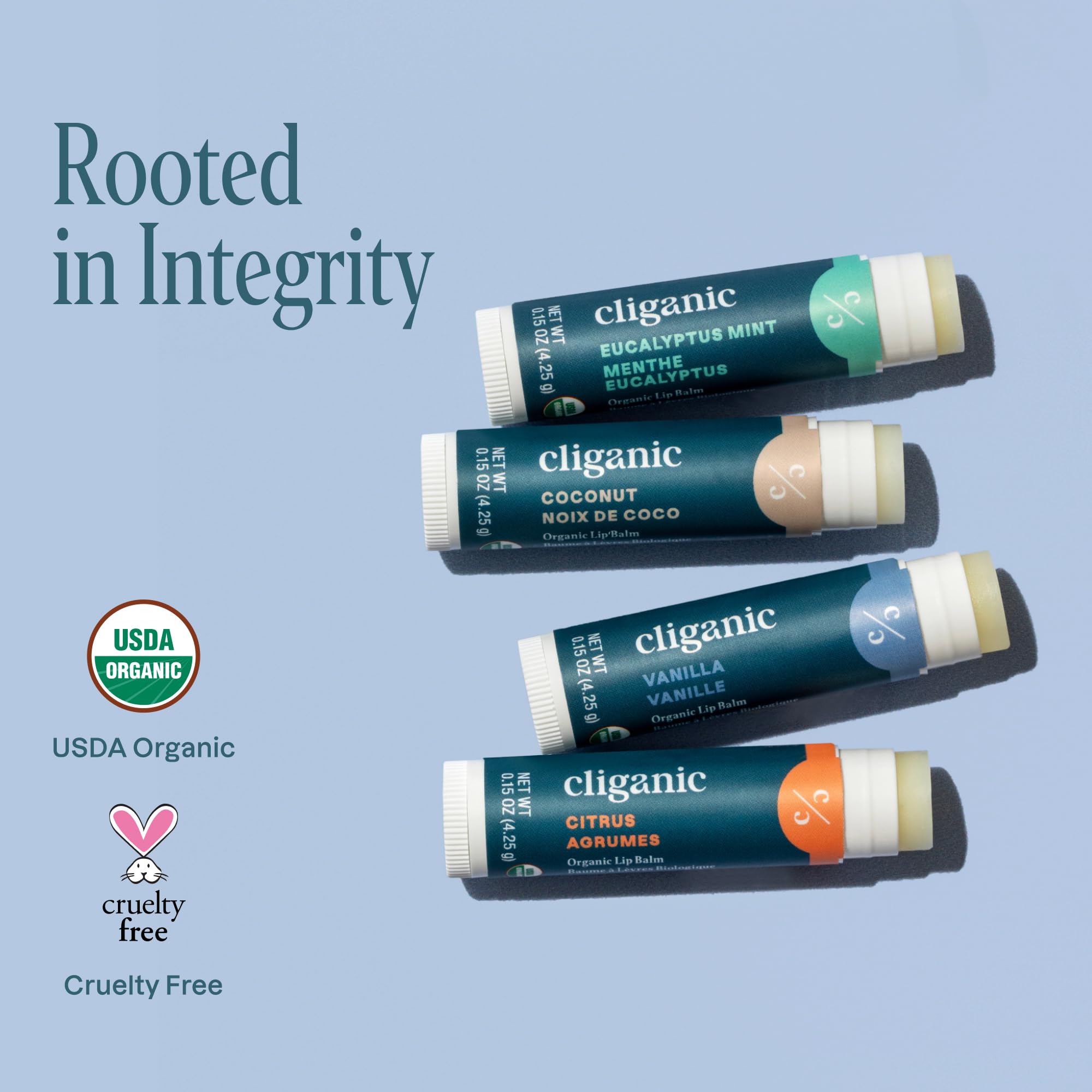 Cliganic USDA Organic seal visible on lip balm packaging.
