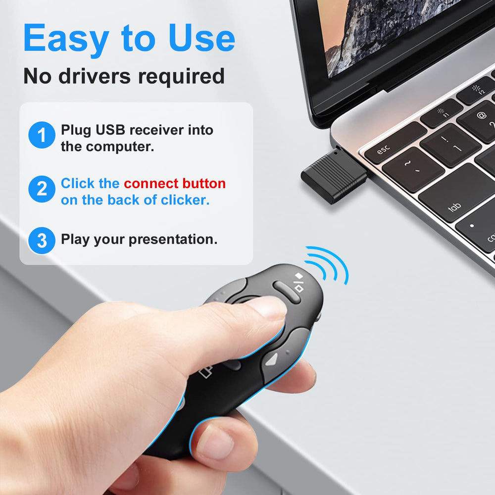CLIKBUTM 100m range laser pointer enhances visibility from the back row.