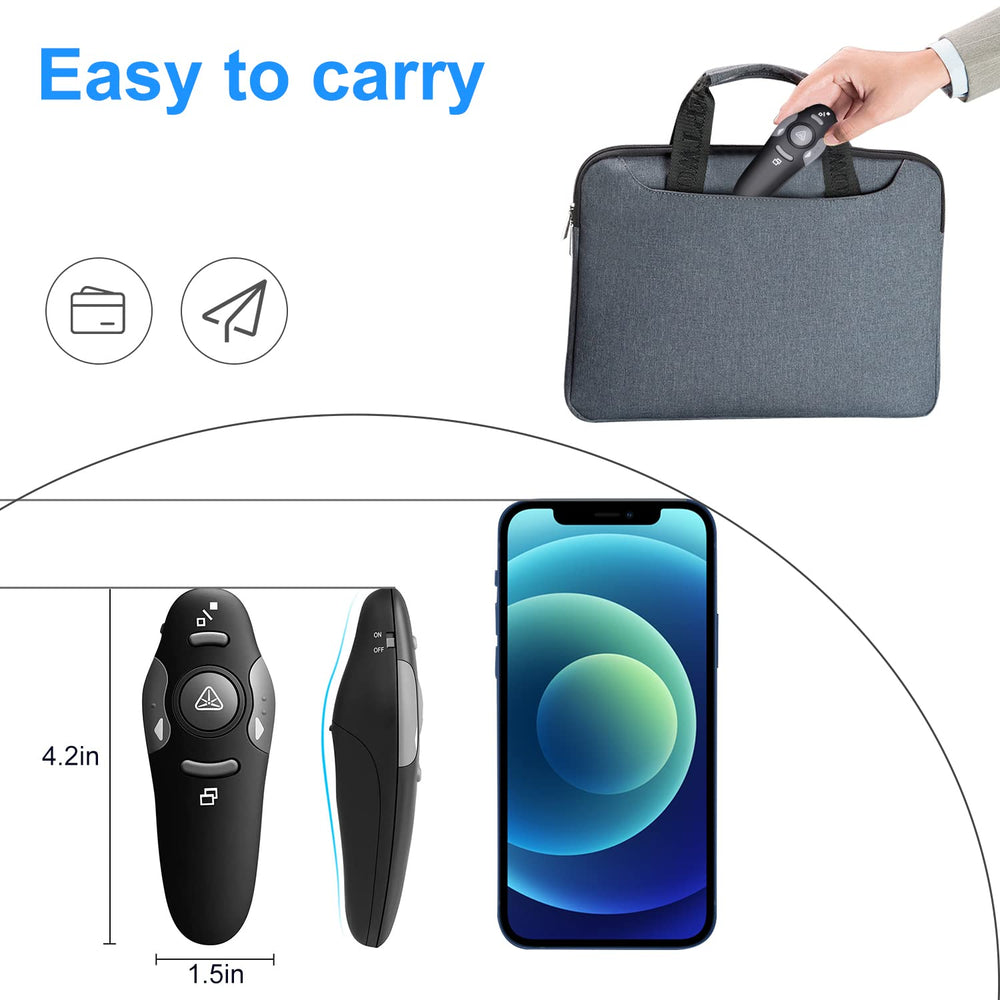 CLIKBUTM presentation remote with laser pointer for slide emphasis.