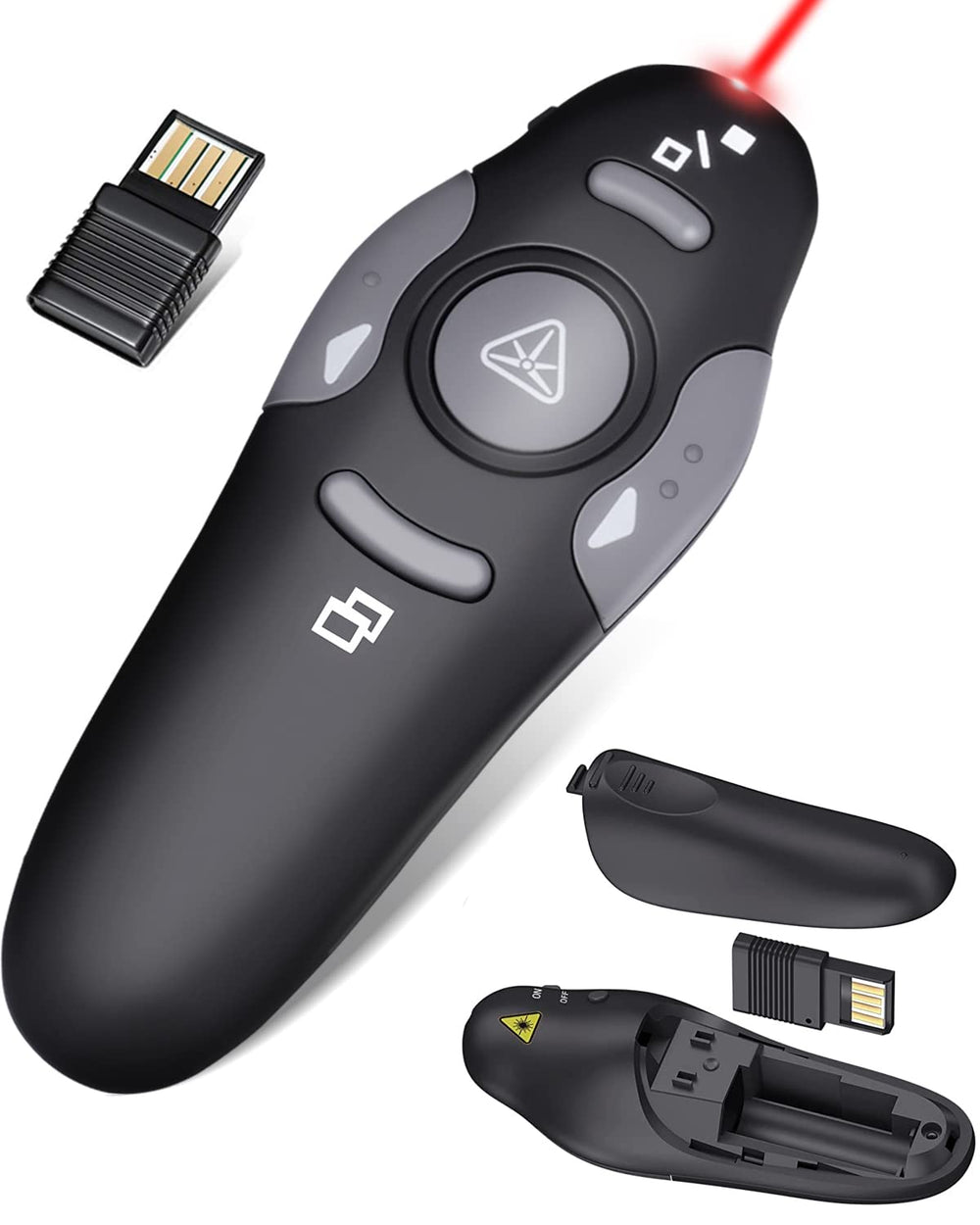 CLIKBUTM wireless clicker with ergonomic design for comfortable long presentations.