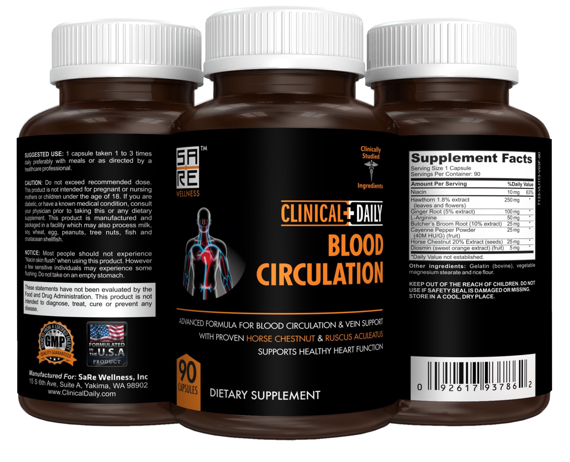 Clinical Daily ingredients list highlights butcher's broom and horse chestnut for vein support.