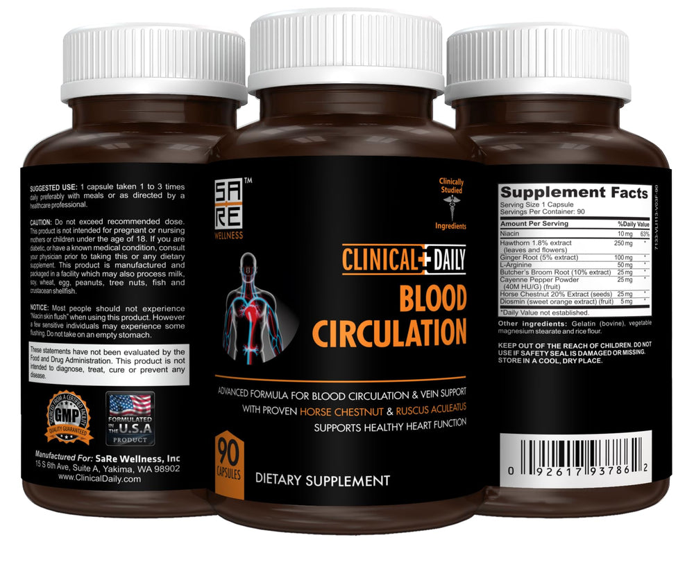 Clinical Daily ingredients list highlights butcher's broom and horse chestnut for vein support.