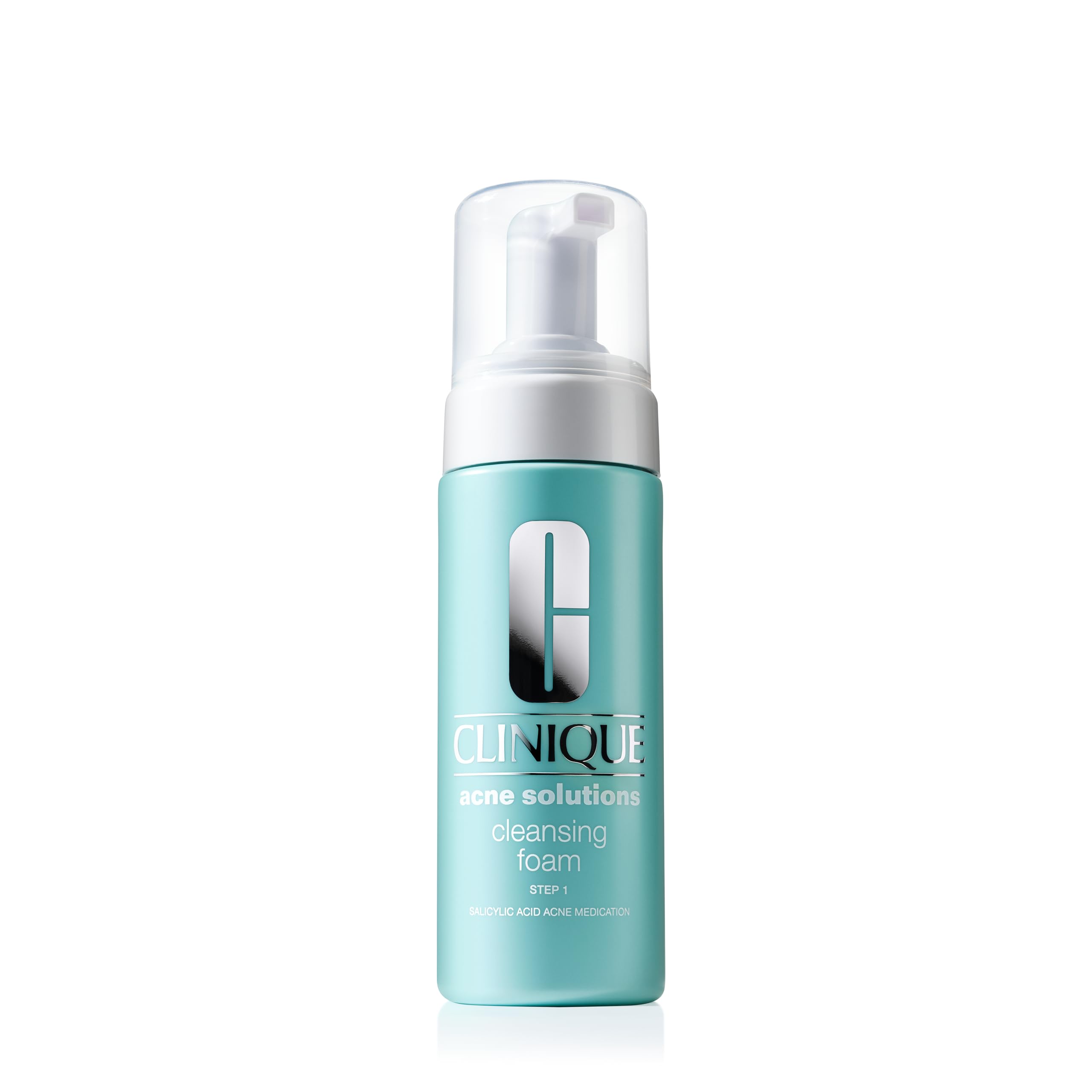Clinique Acne Solutions cleansing foam bottle shows medicated formula for clear pores.