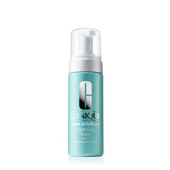 Clinique Acne Solutions cleansing foam bottle shows medicated formula for clear pores.