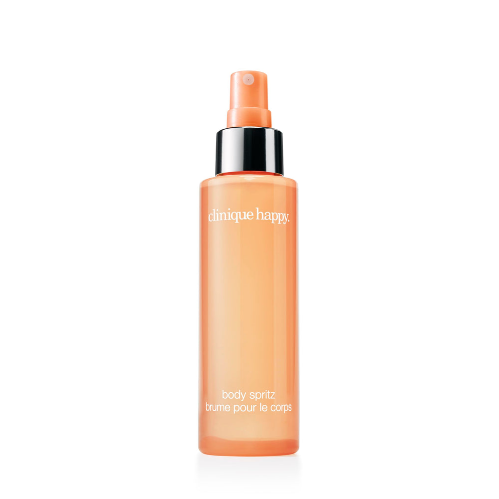 Clinique Happy Body Spritz bottle front view highlighting bright citrus mood